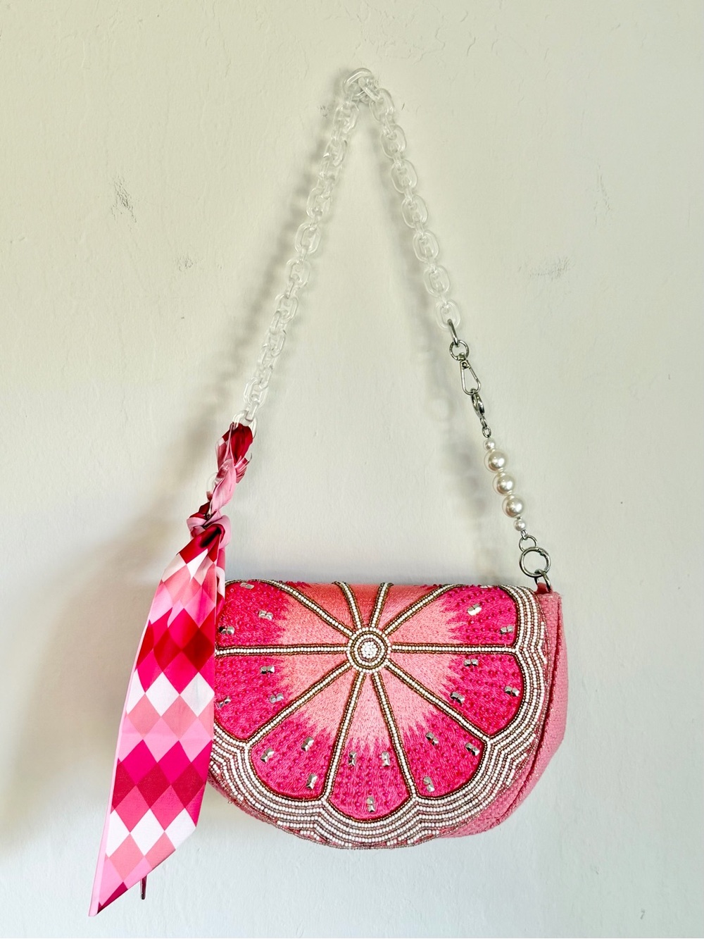 Beaded Pink Grapefruit Half-Moon Shoulder Bag, Acrylic Strap Scarf Accent, NWOT